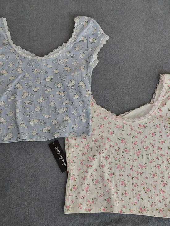 NWT Derek Heart Floral Lace Trim Ribbed Crop Top Coquette Women L - Picture 6 of 8